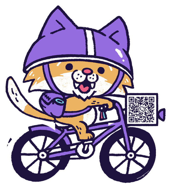 The Wildcat riding a bicycle in a purple helmet