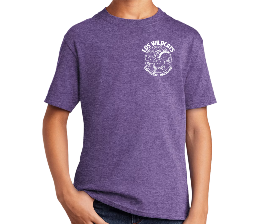 Heather purple t-shirt with a small white one-line Los Wildcats crest on the left chest
