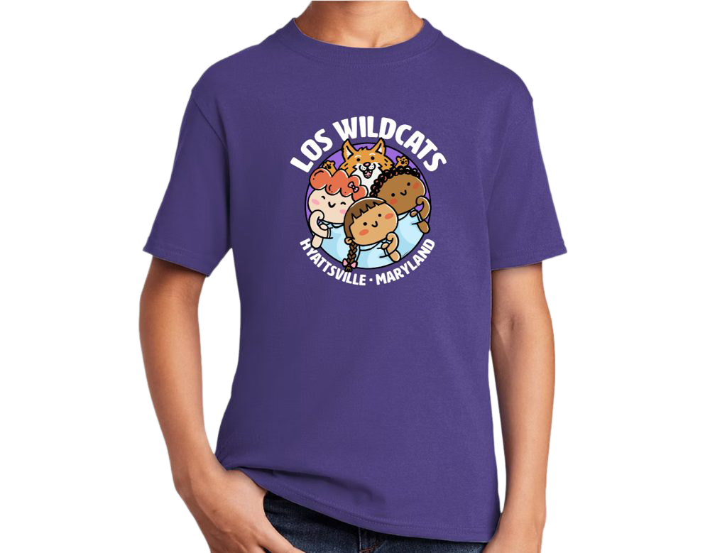 Purple Los Wildcats t-shirt with the wildcat mascot and three students, Hyattsville Maryland