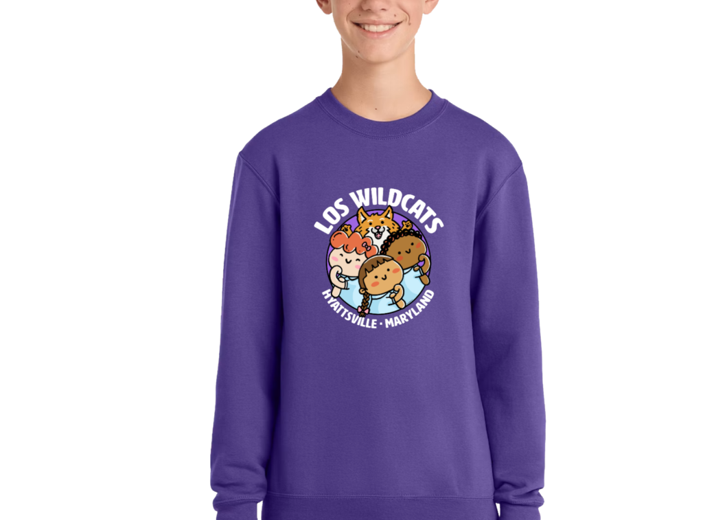 Los Wildcats crewneck sweatshirt — purple with full-color Los Wildcats art