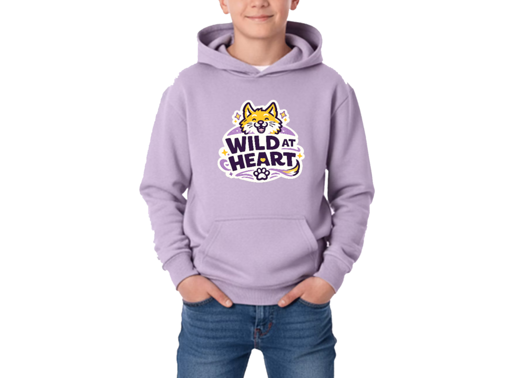 Wild at Heart hoodie — lavender pullover with Wild at Heart badge