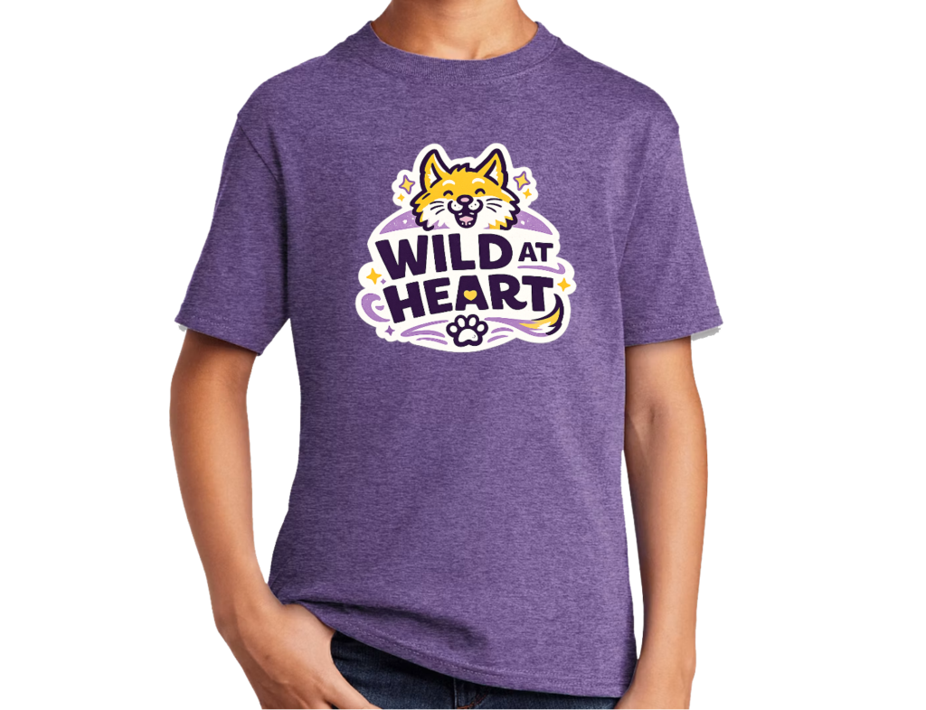 Wild at Heart tee — purple heather shirt with smiling wildcat and paw