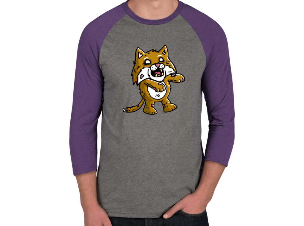 Zombie Run raglan — gray body, purple three-quarter sleeves, zombie wildcat