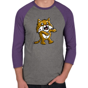 Zombie Run raglan — gray body, purple three-quarter sleeves, zombie wildcat